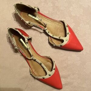 Halogen Olsen Pointy Toe Red Patent Leather Studded T-Strap Flats - SIZE 9M